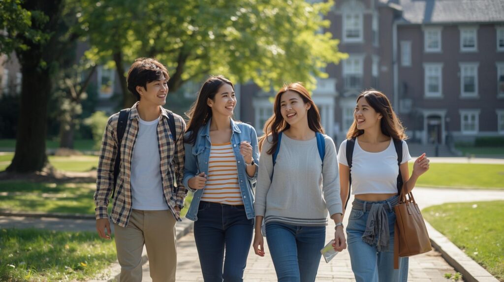 大学のキャンパスを楽しそうに歩く男女たちの画像