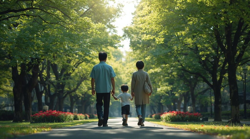 親子が仲良く公園を散歩している画像