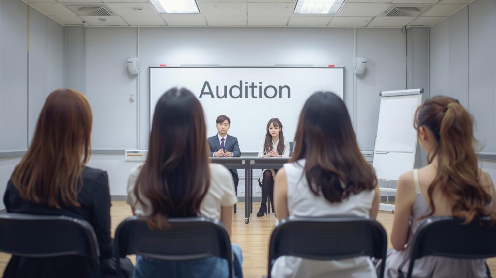 オーディション会場で女の子達が真剣な表情をしている画像