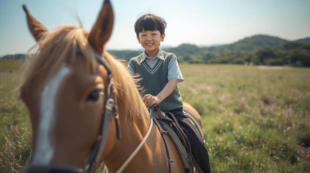 乗馬をする小学生の画像