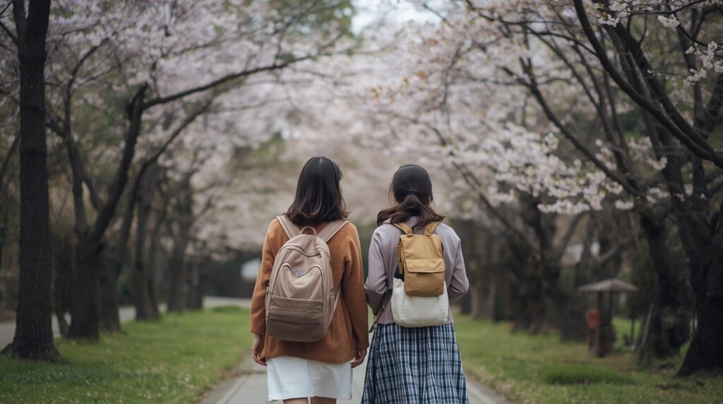 姉妹が公園を二人で歩いてる様子の画像