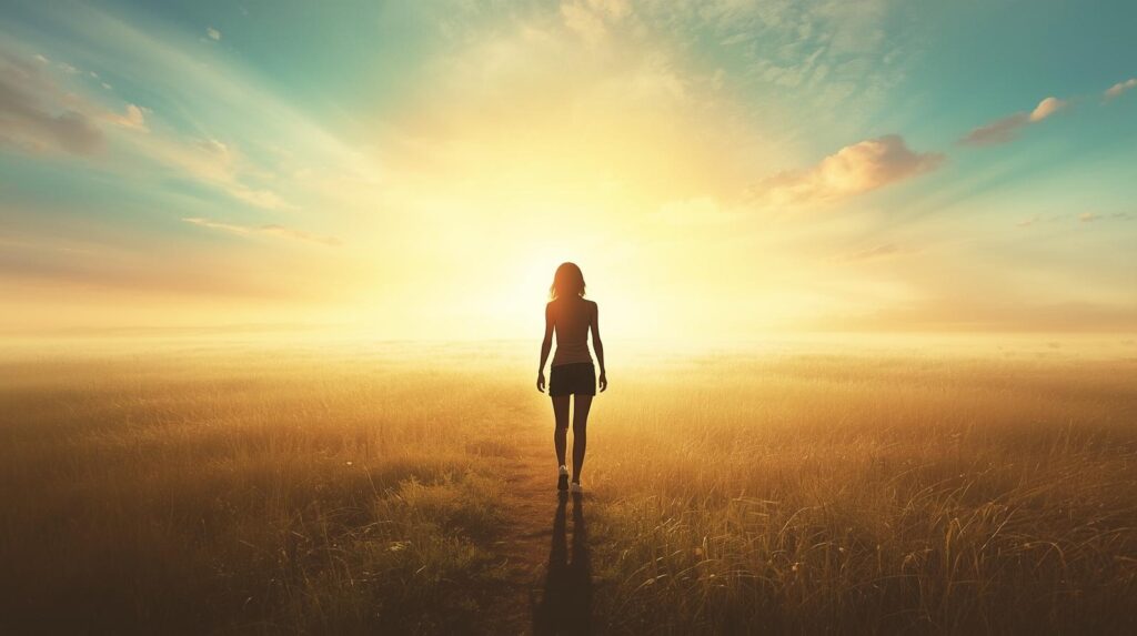 未来に向かって歩いていく女性の後ろ姿