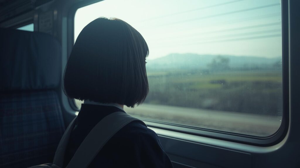 電車の窓から外を見る女の子を撮影している画像