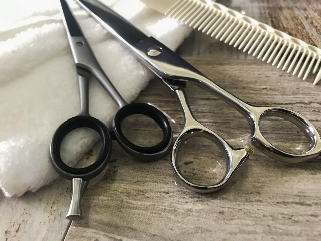 美容師専用のハサミとクシが並んでいる画像