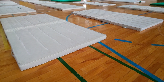 体育館に器械体操のためのマットが並んでいる画像