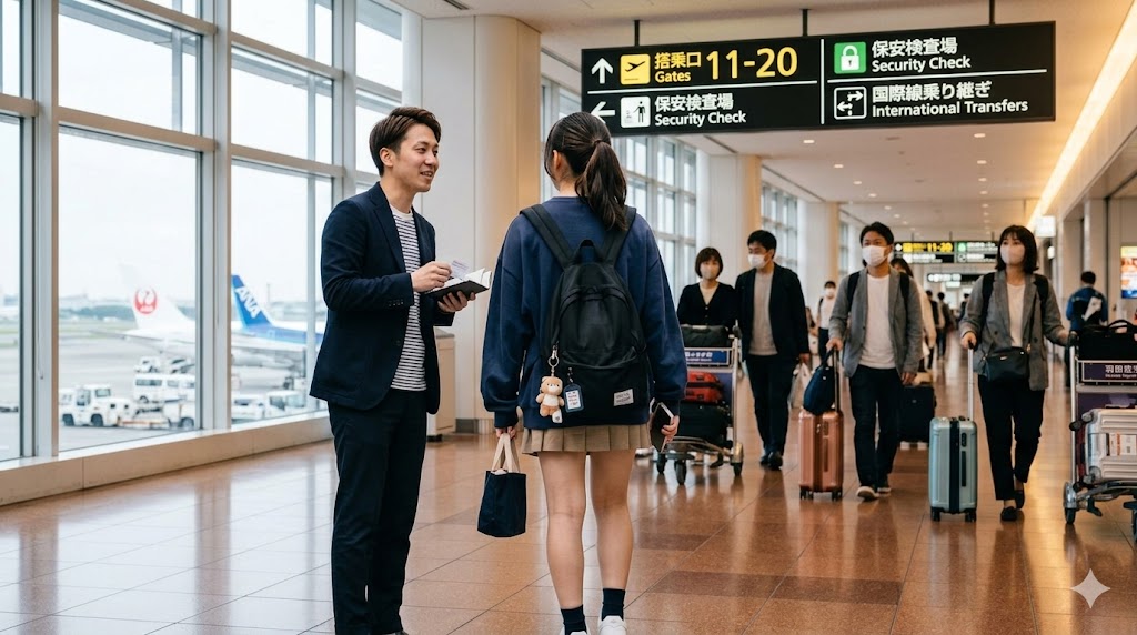 空港で女の子がスカウトをされている画像