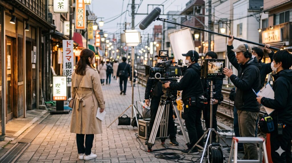 女優がドラマ撮影をしている画像