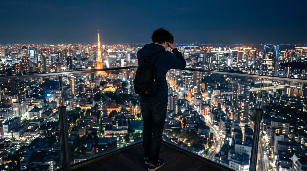 悩む男性の後ろ姿の画像